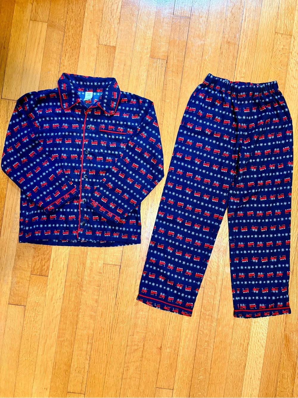 Janie and Jack Navy Blue and Red Train/Snowflake Pajama Set
